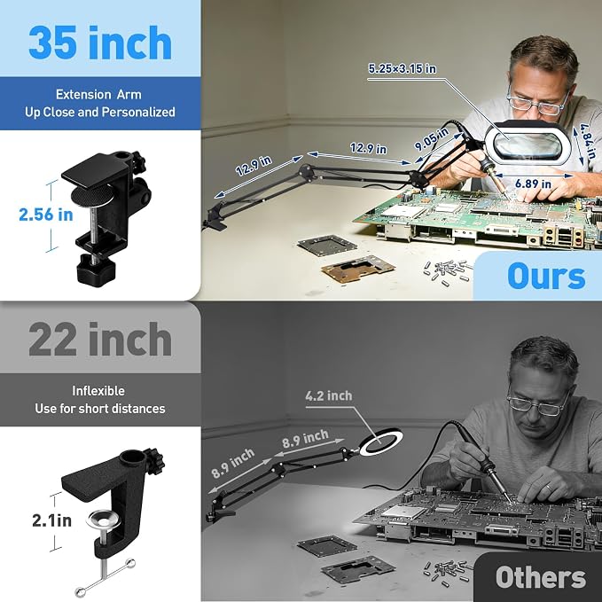 HITTI 12X Square Magnifying Glass with Light and Clamp, Hands-Free Lighted Stand with Ultra Long 3-Section Arm | 5 Color Modes & Stepless Dimming LED Desk Lamp for Workbench,Modelling,Puzzle-Blue