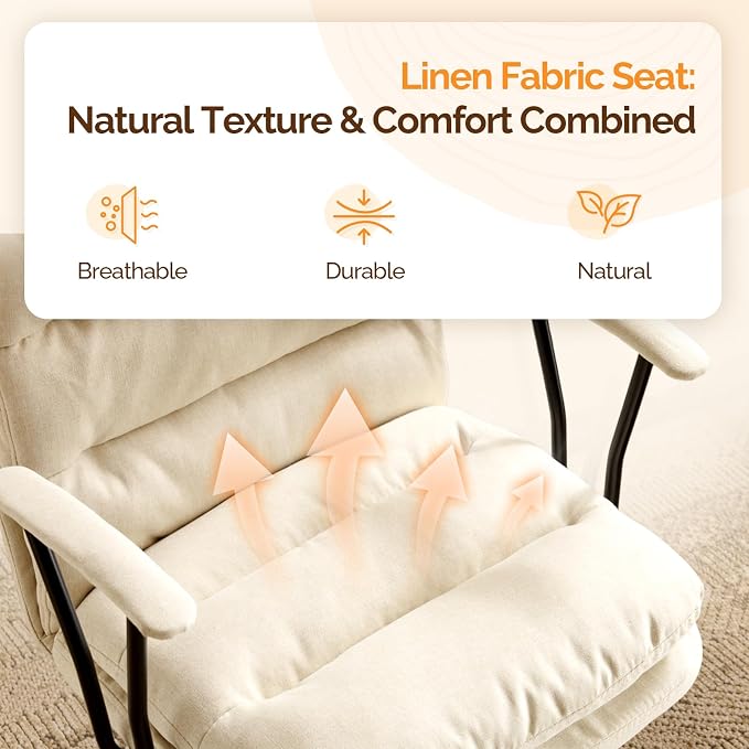 VINGLI Comfortable Office Desk Chairs with/No Wheels,Dual-Base,Removable Armrests,Adjustable Comfy Swivel Computer Task Nail Tech Chair for Office,Sewing,Makeup Vanity,Teen,Linen Fabric,Pale Yellow