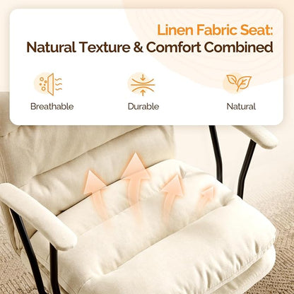 VINGLI Comfortable Office Desk Chairs with/No Wheels,Dual-Base,Removable Armrests,Adjustable Comfy Swivel Computer Task Nail Tech Chair for Office,Sewing,Makeup Vanity,Teen,Linen Fabric,Pale Yellow