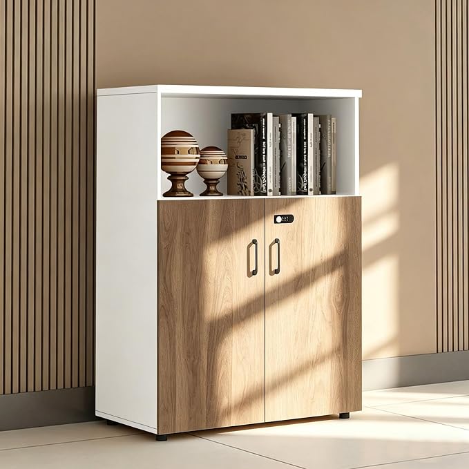 File Cabinet with Password Lock, Wood Lateral Filing Cabinet for Letter/A4 Files, 3 Drawer with Door, Printer Stand with Open Shelves for Home Office