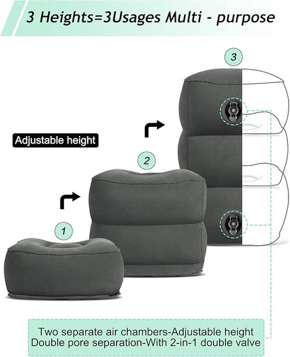 Inflatable Travel Foot Rest Pillow, Kids Airplane Bed, Adjustable 3 Layers Height Leg Rest Pillow, Adults Travel Essentials Great for Airplane, Office, Home, Trains, Cars (Dark Grey)