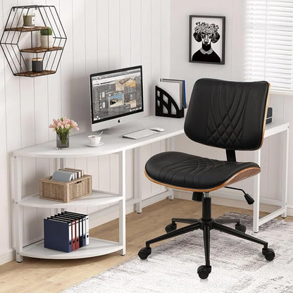 CLATINA Armless Home Office Chair, Desk Chair with Wheels, Adjustable Height Reading Chair, Leather Mid Back & Swivel Computer, Modern Walnut Chairs with Back for Study Meeting Room(Black) 4Pack