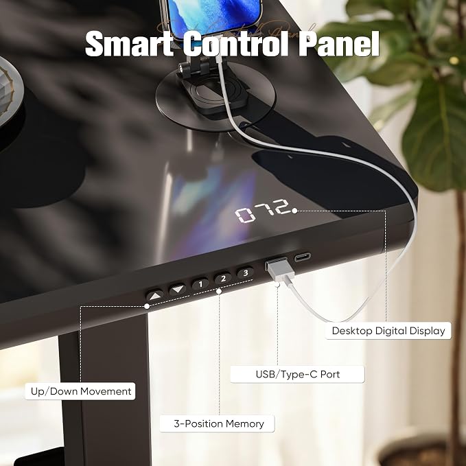 YESHOMY Electric Standing Desk with Tempered Glass Top, 47.2" Height Adjustable Desk with Partitioned Drawer & USB/Type-C Ports, Sit Stand Desk for Home Office, Black