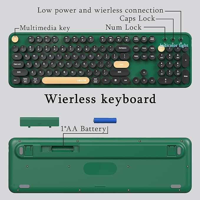 Colorful Wireless Computer Keyboards Mouse Combos, UBOTIE Polychrome Round Keycaps Retro PC Keyboards 2.4GHz Radio Frequency Connection with Optical Mouse Power Switch (Green-Black)