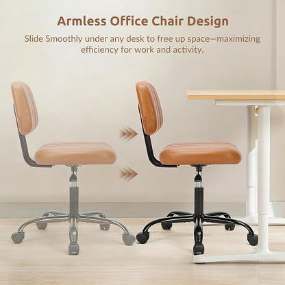 Swivel Rolling Office Chair, Armless Pu Leather Vanity Chair with Back Lumbar Support Height Adjustable Computer Chair, Small Desk Chair for Home Office, Brown