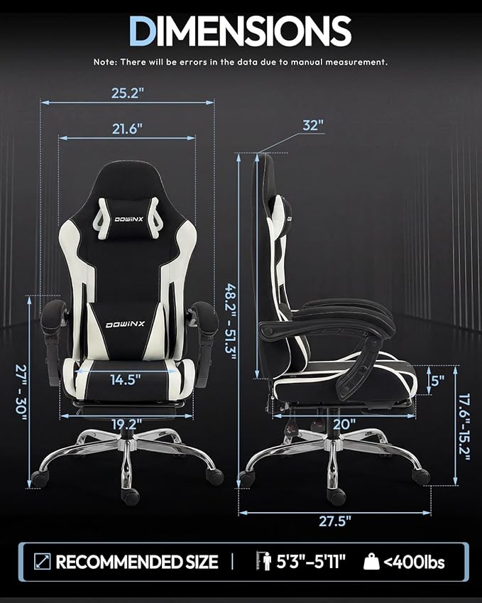 Dowinx Ergonomic Gaming Chair with Footrest & Massage Lumbar, 2D-Linkage Armrests for Computer Chair 330lbs with Headrest Pillow for Office, Home, Streaming and Long Gaming Sessions, Fabric White