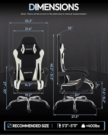 Dowinx Ergonomic Gaming Chair with Footrest & Massage Lumbar, 2D-Linkage Armrests for Computer Chair 330lbs with Headrest Pillow for Office, Home, Streaming and Long Gaming Sessions, Fabric White