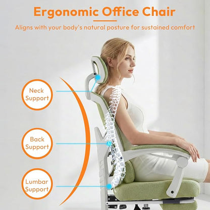Home Office Desk Chair, Comfortable Mesh Computer Chair with Foot Rest, Reclining Gaming Chair with Headrest and Lumbar Support, 90°-130° Reclining, Green