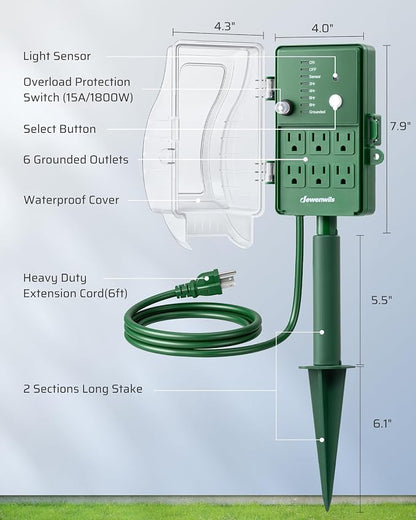 DEWENWILS Outdoor Power Stake Timer, Waterproof Dusk to Dawn Timer with 6 Grounded Outlets, 6FT Extension Cord, 1800W/15A Heavy Duty Outlet for Lights, Yard, Garden, ETL Listed