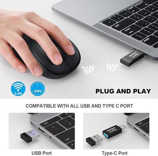 WisFox 2.4G Wireless Mouse for Laptop, Ergonomic Computer Mouse with USB Receiver and Type-C Adapter, 3 Adjustable Levels, 6 Button Cordless Wireless Mice for Windows Mac PC Notebook (Black)