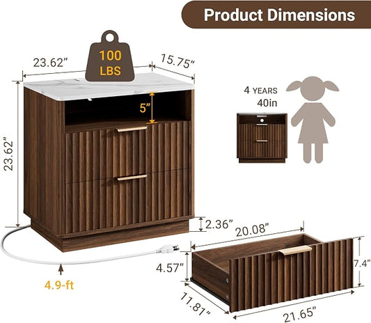 Fluted Nightstand, Night Stand Set 2, 23" Wide Walnut Nightstands Set of 2 with Charging Station & Faux Marble Top, 2 Drawer Large Wooden End Table, Bedside Table for Bedroom,Curved Corners