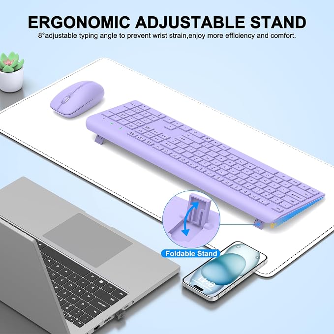 Wireless Keyboard and Mouse Combo, Full-Size Silent Ergonomic Keyboard and Optical Mouse, Long Battery Life, 2.4G Lag-Free Mice Keyboard for Computer, Mac, Laptop, PC, Windows(Purple)