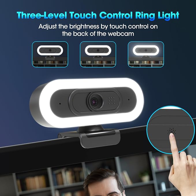 ToLuLu Streaming Webcam 2K 50FPS Web Cam, LED RGB Webcam with Microphone and Light, Autofocus Computer Camera with Cover and Tripod, Plug-Play USB Web cam for PC Desktop/MacBook Gaming Video Calling