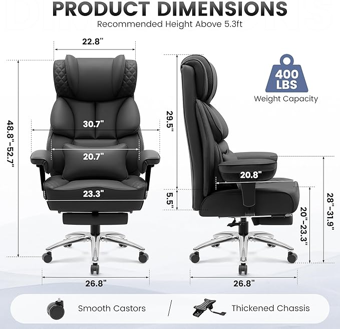 BestGlory Office Desk Chair, Big and Tall Leather Gaming Chair with Footrest, Wide Ergonomic Comfy Executive High-Back Reclining Computer Chairs, Swivel Rolling Wheels and Padded Lumbar Support, Black