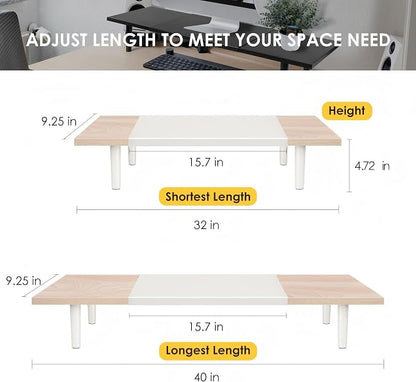 Across-Star Dual-Monitor-Stand-Riser-For-Desk Adjustable Length 32-40 Inch，Large Desktop Computer Monitor Riser For 2 Screens，Desk Shelf Organizer Riser Stand For Computer/Laptop/PC/Printer/TV Black