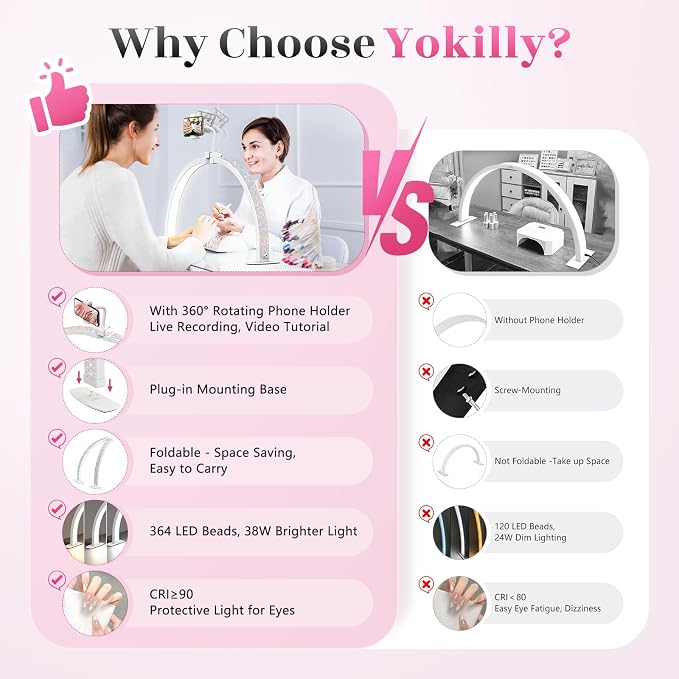 Yokilly Half Moon Light for Nail Desk: 29" Foldable Half Moon Desk Lamp with Phone Holder for Beginner - Arch Nail Tech Light with 3 Color Modes & 10 Brightness for Manicure Salon (Diamond, Large)
