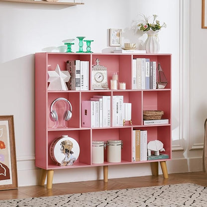 LEYAOYAO 10 Cube Bookshelf,3 Tier Modern Wide Bookcase with Legs,Mid-Century Wood Bookshelves Storage,Light Pink Large Book Case,Freestanding Organizer Display Shelf for Bedroom,Living Room,Office
