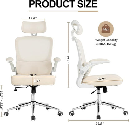 Ergonomic Office Chair,Home Mesh Office Desk Chairs,High Back Chair 330 LBS,Swivel Computer Task Chair with Adjustable Lumbar Support,Up&Down Flip-Up Arms,Rocking Function (Beige)