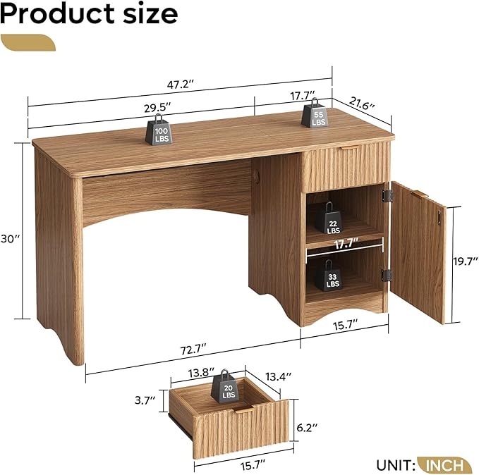 Bestier Computer Desk with Drawer, 47 inch Office Desk with Storage Cabinet, Modern Wood Desk Adjustable Shelves for Home Office Bedroom Study, Brown Oak