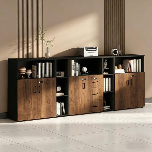 File Cabinet with Password Lock, Wood Lateral Filing Cabinet for Letter/A4 Files, 3 Drawer with Door, Printer Stand with Open Shelves for Home Office