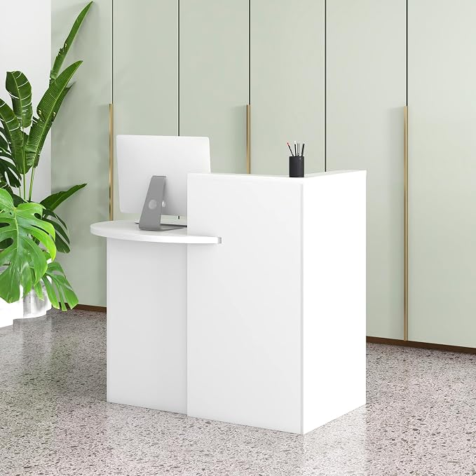 Tangkula Reception Desk, Front Counter Desk with Lockable Drawer & Adjustable Shelf, Oval Desktop, Retail Counter for Checkout, Computer Workstation for Salon Lobby Home Office