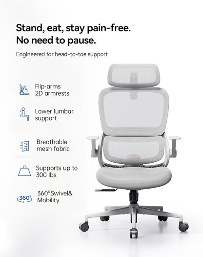 SIHOO B100 SE Office Chair, Soft Memory Foam Desk Chair with Adaptive Lumbar Support & 2D Flip-up Armrests, 135° tilt Computer Chair for Home Office, White