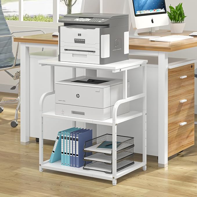 3-Tier Large Printer Stand with Storage, Rolling Printer Cart with Lockable Wheels for Home, Office (White)
