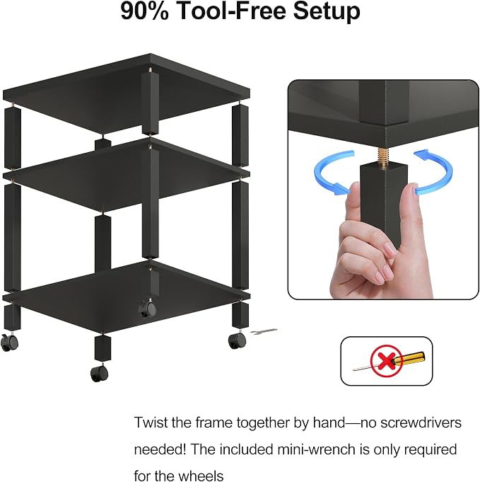 3-Tier Printer Stand with Wheels, Large Under Desk Rolling Cart for Office Storage, Heavy Duty Machine Stand with Adjustable Shelf, 22.04"x17.71"x26.54", Black