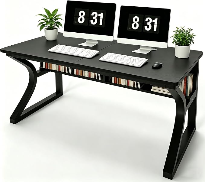 55 X 23.6'' Computer Desk, Home Office Desks w/Shelf Storage, Computer Desk w/Metal Frame, Cable Management, Study Student Desk Writing Work Table Deeper & Thicker Desktop for Home Bedroom