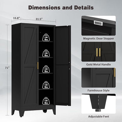 71" Tall Metal Pantry Cabinet, Kitchen Storage Cabinet with 2 Doors and 4 Adjustable Shelves for Kitchen, Living Room, Dining Room, Bathroom and Home, Office (Black, 1PC)