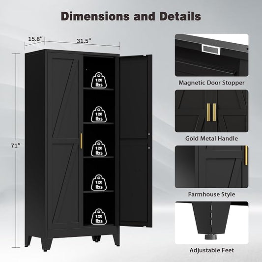 71" Tall Metal Pantry Cabinet, Kitchen Storage Cabinet with 2 Doors and 4 Adjustable Shelves for Kitchen, Living Room, Dining Room, Bathroom and Home, Office (Black, 1PC)