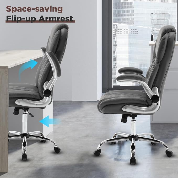 Leather Executive Office Chair, Big and Tall High Back Ergonomic Desk Chairs with Wheels, 90-120° Rocking Managerial Home Computer Chairs with Flip up Arms and Lumbar Support, Grey