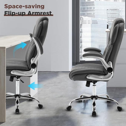 Leather Executive Office Chair, Big and Tall High Back Ergonomic Desk Chairs with Wheels, 90-120° Rocking Managerial Home Computer Chairs with Flip up Arms and Lumbar Support, Grey