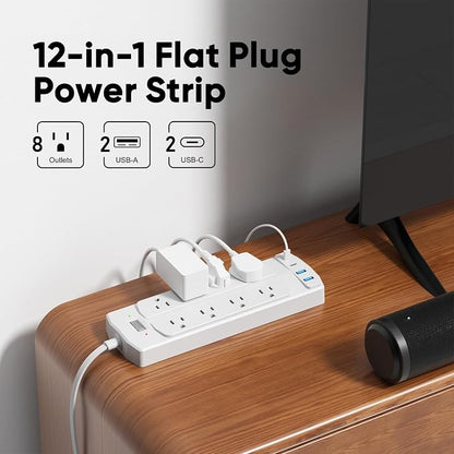 Flat Plug Power Strip, Yozisital Extension Cord with 8 AC Outlets & 4 USB Ports (2 USB-C), 5 FT Power Cord, Wall Mount, Desk Charging Station for Home Office, White