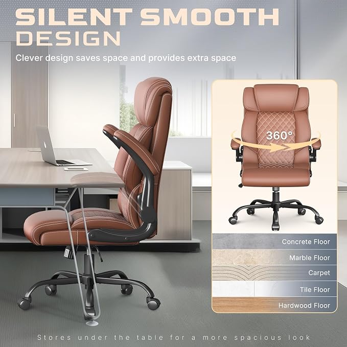Office Chair-Executive High Back Breathable Big and Tall Office Chair Flip-up Armrests Lumbar Support-Ergonomic Leather Rolling Swivel Chair with Rock Function for Working Studying Gaming,2 Pack