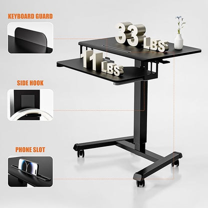 ERGOMAKER Mobile Standing Desk with Keyboard Tray, Gas Spring Rolling Desk with Lockable Wheels, Portable Laptop Desk, Adjustable Height Stand Up Desk, Computer Workstation Home Office, Black