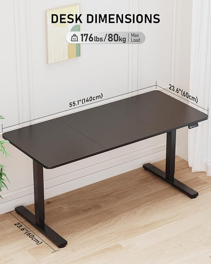 55" Electric Standing Desk Adjustable Height, Sit Stand up Desk for Home Office & Computer Workstation, 2 Memory Height Settings, Splice Board, 2 Hooks, Black Frame/Black Top