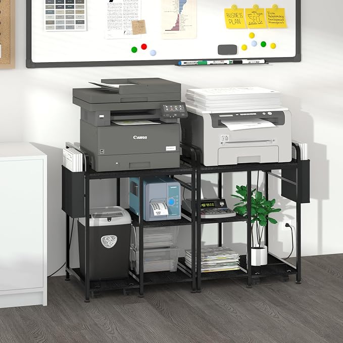 Sedegn Large Printer Stand with 3 AC Outlets for Home Office Devices | Heavy-Duty Printer Table for Laser Printer, Side Paper Storage Bag, 3-Tier Organizer for Shredder, PC Tower & Supplies, Black