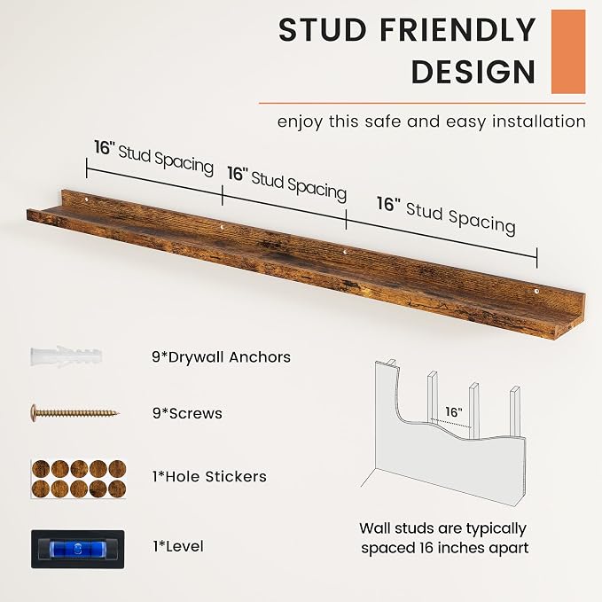 FLYJOE Picture Ledge Shelf, Floating Shelves Set of 2, 52 Inches Nursery Book Shelves for Toys Storage, Kids Bookshelf Wall Mounted for Living Room Bedroom Decor Books Photo Frames, Rustic Brown