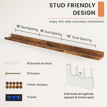 FLYJOE Picture Ledge Shelf, Floating Shelves Set of 2, 52 Inches Nursery Book Shelves for Toys Storage, Kids Bookshelf Wall Mounted for Living Room Bedroom Decor Books Photo Frames, Rustic Brown
