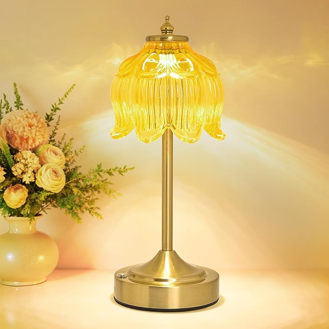 Cordless Lotus Flower Table Lamp, 5200mAh Rechargeable Battery Operated Portable Lamp, 3-Color Dimmable Touch Control Small Desk Lamp for Bedroom, Office, Kitchen, Nightstand,Room Decor (Yellow)