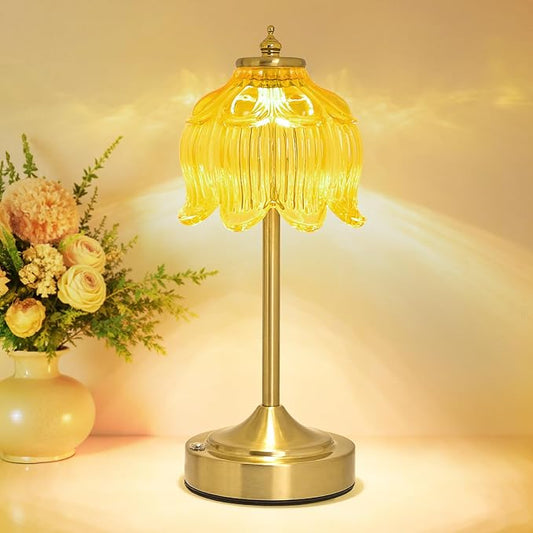 Cordless Lotus Flower Table Lamp, 5200mAh Rechargeable Battery Operated Portable Lamp, 3-Color Dimmable Touch Control Small Desk Lamp for Bedroom, Office, Kitchen, Nightstand,Room Decor (Yellow)