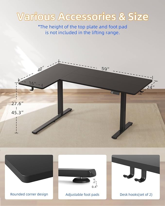 YIHAYO Reversiable L-Shaped Electric Standing Desk, 59 Inches Stand Up Corner Desk, Sit and Stand Up for Work Office Home, Ergonomic Rising Computer Table with Splice Board, Black