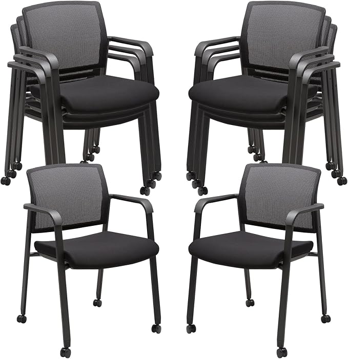 CLATINA Stacking Conference Room Chairs with Wheels, Mesh Back and Ergonomic Lumbar Support for Meeting, Lobby, Reception, Training Room Home Office School Church Black, 8 Pack