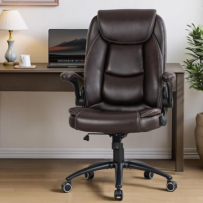 400lbs Capacity Executive Desk Chair with Ergonomic Lumbar Support, Flip-up Arms & High Back Leather Computer Chair for Home/Office, Brown