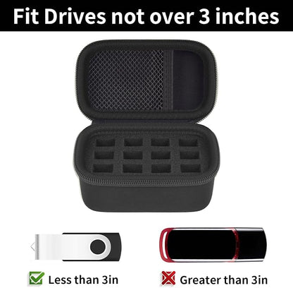 Comecase 12 Slots USB Flash Drive Case, Hard Shell Organizer for Thumb Drives & Jump Drives with Carabiner, Portable USB Case with Removable Pre-cut Sponge & SD Card Mesh Pocket (Jet Black, Small)