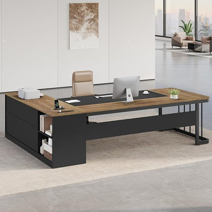 UPOSOJA 78.7" Executive Desk, Large Office Desk with Drawers & Storage Shelves, Modern L Shaped Computer Desk Corner Desk with Power Outlets, File Cabinet, Business Furniture Desk Workstation (Oak)