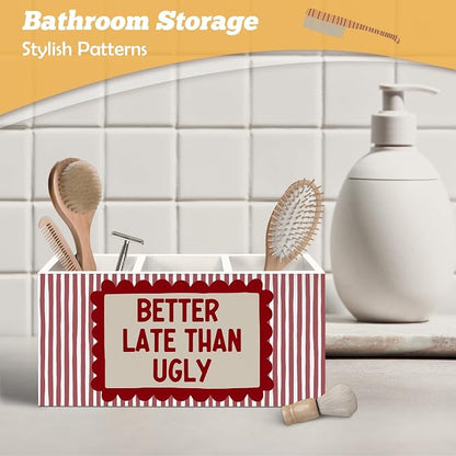 Funny Better Late Than Ugly Pen Makeup Brush Holder Organizer for Desk Accessories, Girls Room Decor, Preppy Retro Red Striped Wooden Box Sign Desk Decorations for Girls Room Bedroom Decor