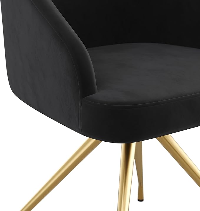 Martha Stewart Sora Stationary Swivel Task Chair with Sloped Arms for Home Office in Black Velvet with Polished Brass Frame