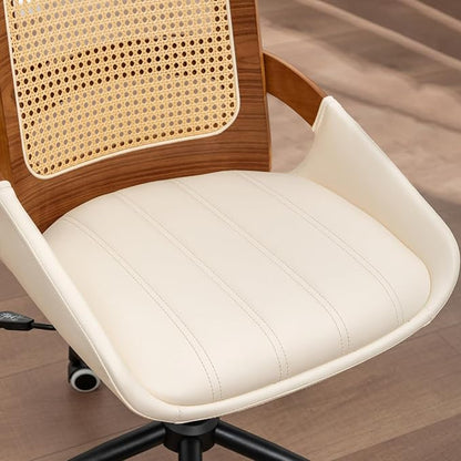 Home Office Desk Chair with Ergonomic Rattan Backrest, Walnut Crafts, Curved Arms, Faux Leather, Caster Wheels, Height Adjustable, Computer Chair for Desk Work, Executive Task, Conference Room - Beige